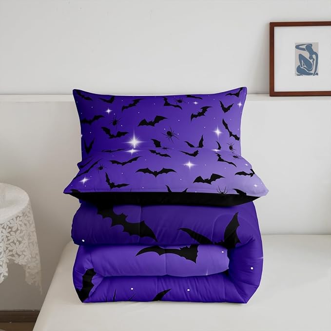 Erosebridal Bat Comforter Set Queen Size for Kids Galaxy Glitter Bedding Set with 2 Pillow Cases Happy Halloween Quilt Gothic Spooky Down Comforter Purple and Black