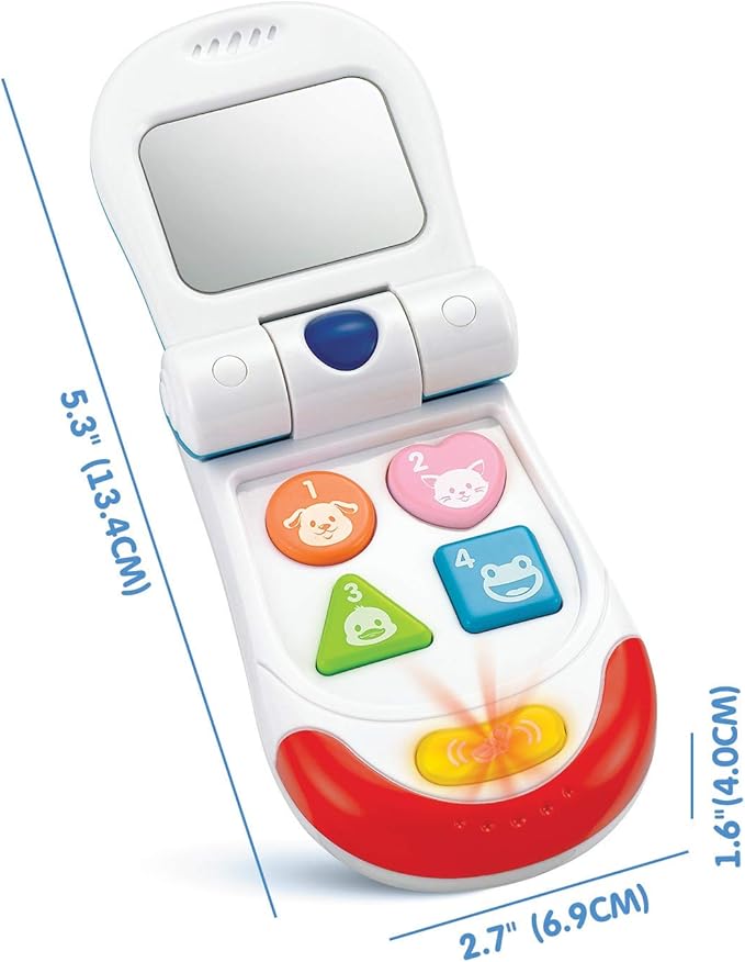Baby Toy Flip Phone – 4 Interactive Sound and Music Buttons Plus Realistic Ringtone – Includes a Mirror and Fun Light Effects – Smartphone Toy for Babies 3+ Months – ASTM Certified