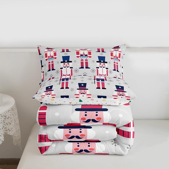 Feelyou Cute Nutcracker Comforter Set Toddler Size Christmas Ornaments Bedding Set for Kids Boys Girls Xmas Snowflake Duvet Quilt Soldier Bedroom Decor Kawaii Microfiber 2 Pcs with 1 Pillow Cases