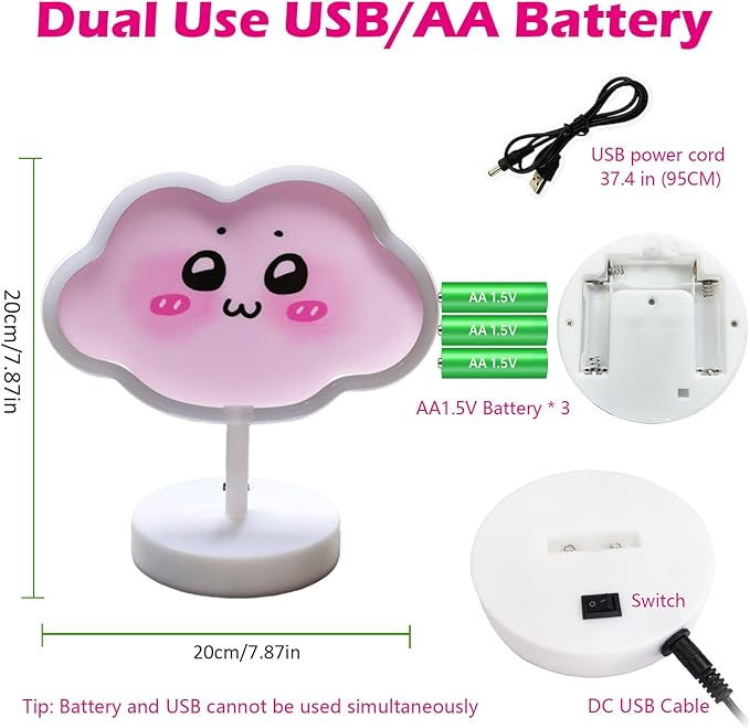 Cute Cloud Shaped Neon Sign USB/Battery Dual Power Switch Controllable Plastic Neon Night Light (Pink)