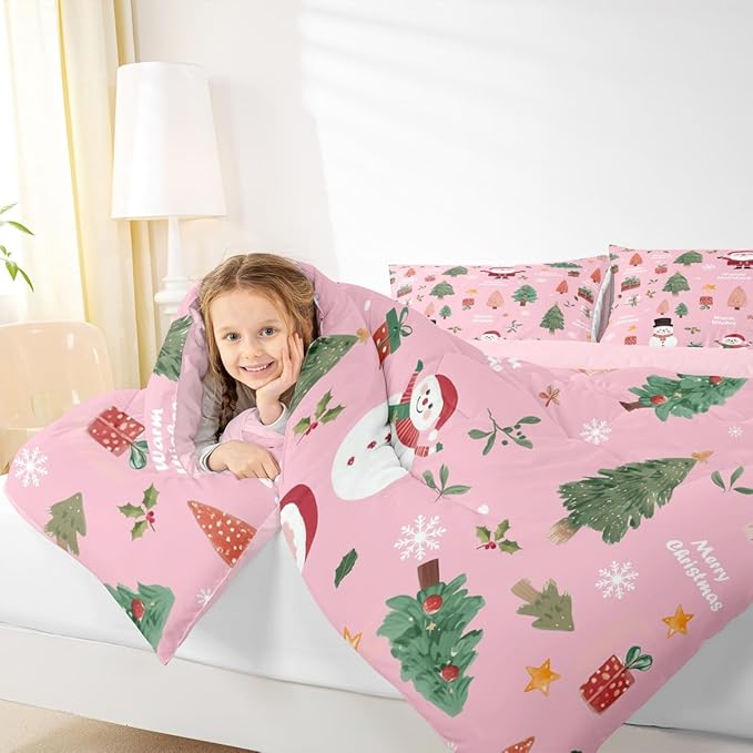Feelyou Pink Christmas Comforter Set Twin Size Snowman Bedding Set for Kids Boys Girls Xmas Tree Duvet Quilt Bedroom Decor Microfiber 2 Pcs with 1 Pillow Cases