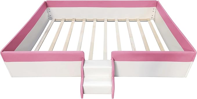 Queen Size Upholstered Daybed Frame with Fence and Stairs, Montessori Kids Floor Bed with Sturdy Slat Support for Kids Boys Girls