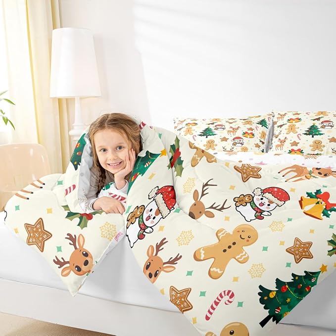 Feelyou Merry Christmas Kids Comforter Set Twin Size Gingerbread Man Bedding Set Cute Deer Duvet Quilt for Kids Boys Girls Bedroom Christmas Tree Decor Microfiber Ultra Soft Breathable