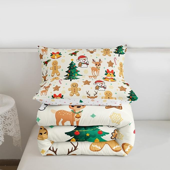 Feelyou Merry Christmas Kids Comforter Set King Size Gingerbread Man Bedding Set Cute Deer Duvet Quilt for Kids Boys Girls Bedroom Christmas Tree Decor Microfiber Ultra Soft Breathable