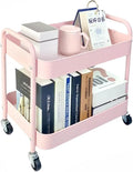 2 Tier Pink Rolling Cart with Wheels for Under Desk Storage, Large Capacity Rolling Pantry & Kitchen Storage Cart for Small Space, Sturdy Metal Bathroom Shelf Laundry Room Organization