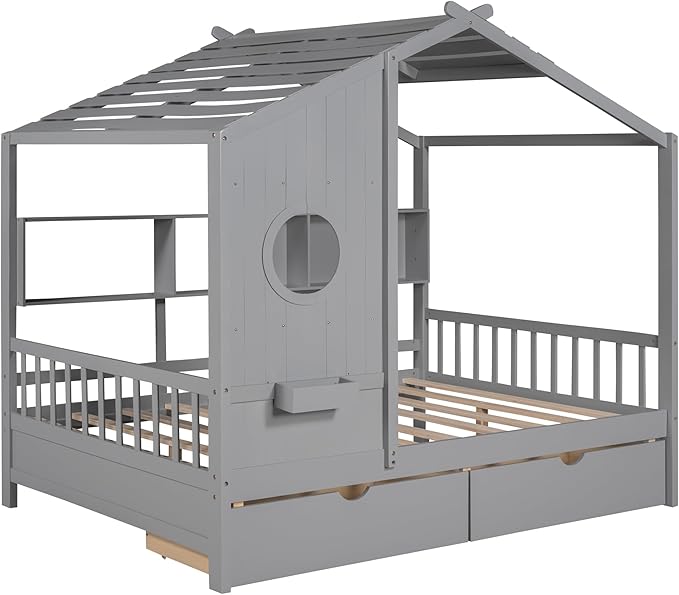 Linique Wooden Full Size House Bed with 2 Drawers and Storage Shelf,Full Platform Bed Frame with Pitched Roof,Gray
