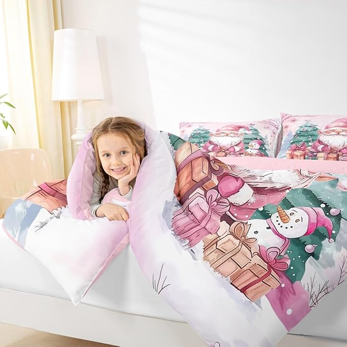 Feelyou Pink Christmas Comforter Set All Season Santa Claus Bedding Set with 1 Pillow Cases Cute Snowflake Kids Toddler Bedclothes Merry Christmas Tree and Snowman Decor Duvet Quilt Soft