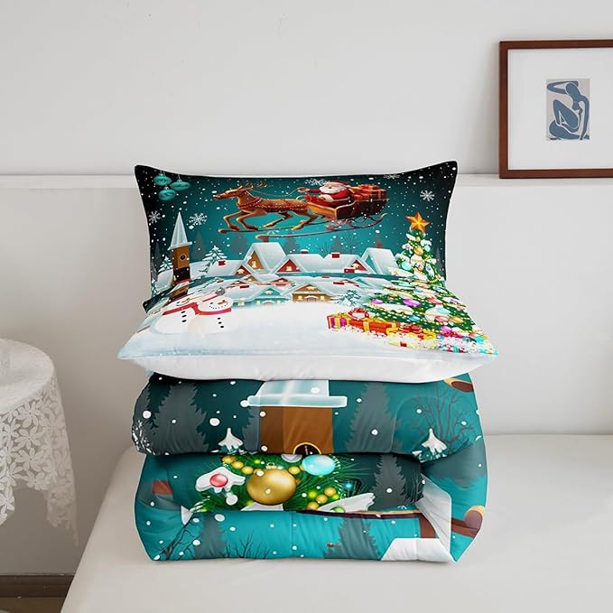 Manfei Christmas Comforter Set King Size, Xmas Tree Snowman Bedding Set 3pcs for Kids Boys Girls Room Decor, Santa Claus with Reindeer Quilt Set New Year Theme Duvet Set with 2 Pillowcases