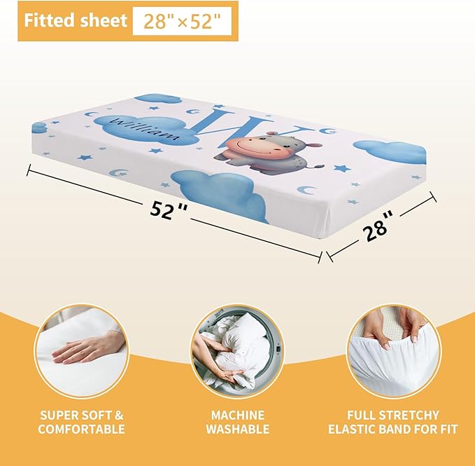 Custom Crib Bedding Set, 5 Pcs Personalized Name Baby Crib Sets for Newborns Infants Toddlers, Blue Hippo Nursery Bedding Set for Boys Girls, Double Layer Baby Bedding Sets Customized Gifts