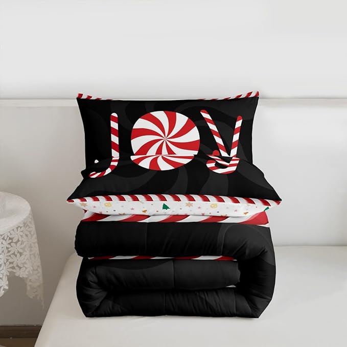 Kids Merry Christmas Comforter Set Full Size,Holiday Joy Sweet Candies Bedding,Girls Boys Adults Bedroom/Xmas Cabin Decor,Wave Geometric Retro Down Comforter,Red Black Duvet Insert,2 Pillowcases