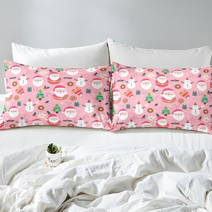 Christmas Santa Comforter Cover Full Size Cute Snowman Duvet Cover Xmas Holiday Bedding Set Gifts for Kids Boys Girls,Christmas Tree Snowflake Candy Decor 2 Pillow Cases Pink