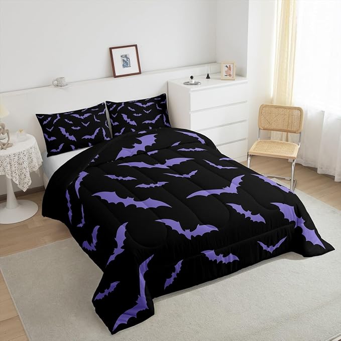 Erosebridal Happy Halloween Comforter Set with 2 Pillow Cases Dark Purple Gothic Bats Quilt Queen Size for Kids Boys Black Spooky Cartoon Gothic Bedding Set
