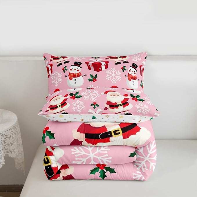 jejeloiu Merry Christmas Comforter Set Queen Size Xmas Santa Claus Bedding Set for Kids Boys Girls Cute Snowman Duvet Quilt Pink Bedroom Decor