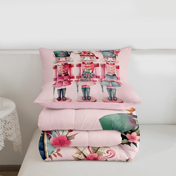 Feelyou Christmas Decor Nutcrackers Kids Comforter Set Queen Size Pink Christmas Bedding Set Funny Nutcracker Duvet Quilt for Kids Boys Girls Bedroom Berries Printed Decor Kawaii Soft Breathable