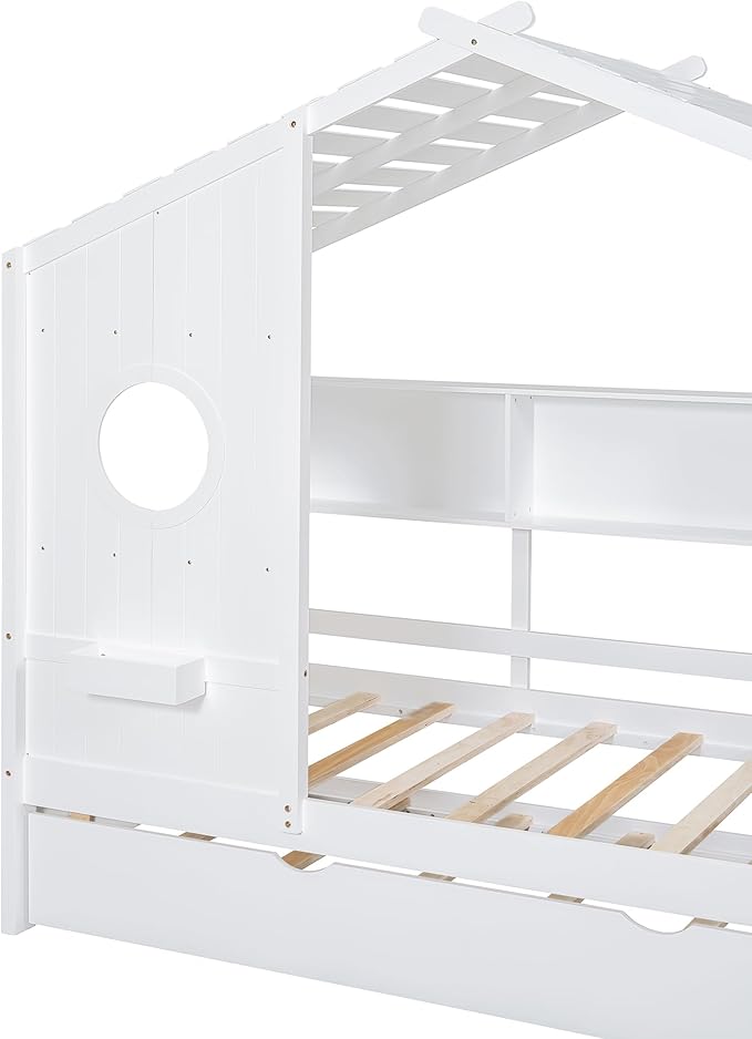 Twin Size House Bed with Trundle for Kids,Twin Kids Bed Frame with Storage Shelves,Wood House Bed Frame for Girls,Boys,Can be Decorated,White