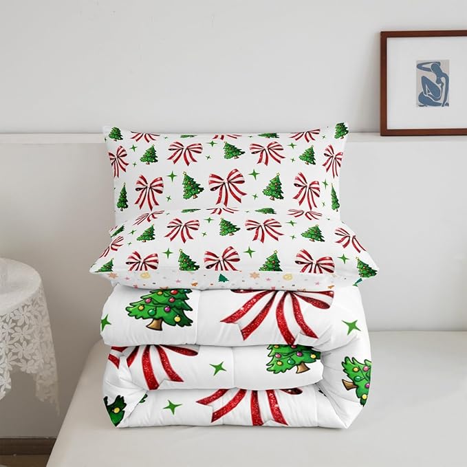 Manfei Merry Christmas Comforter Set Toddler Size, Red Bow Green Tree Bedding Set 2pcs, New Year Theme Down Comforter for All Season, Kids Girls Room Decor, Lightweight Duvet Insert, 1 Pillowcase