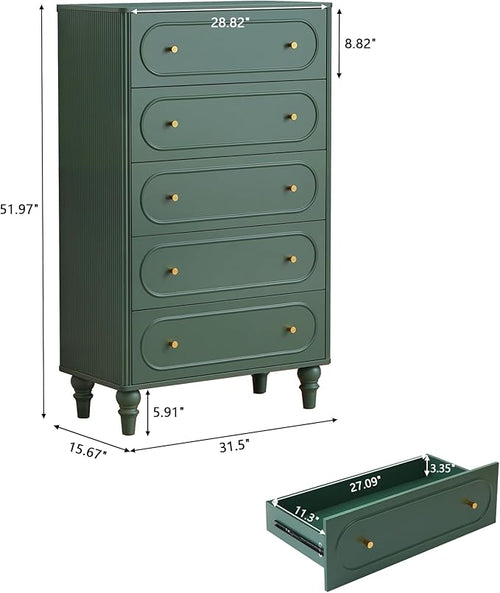 5 Drawer Fluted Dresser for Bedroom, Mid Century Modern Chest of Drawers, Wood Storage Large Dresser Organizer for Bedroom Living Room Hallway Closet, Green