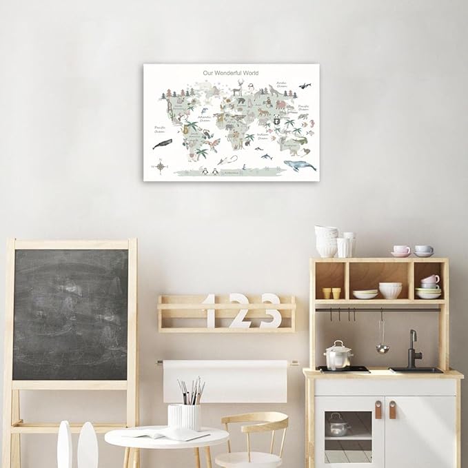 Educational Posters for Toddlers 1-3, Toddler Learning Poster for Kids Ages 3-5, World Map Canvas Print Nursery Preschool Homeschool Kindergarten Classroom Decor 12x18 Inch Framed C
