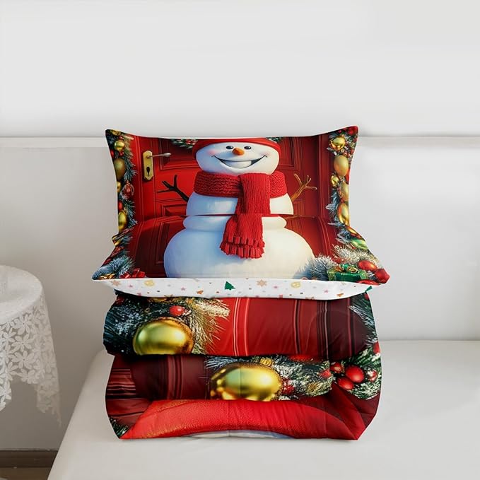 Feelyou Merry Christmas Kids Comforter Set Full Size Cute Snowman Bedding Set Duvet Quilt for Kids Boys Girls Bedroom Snowflake Decor Microfiber Ultra Soft Breathable