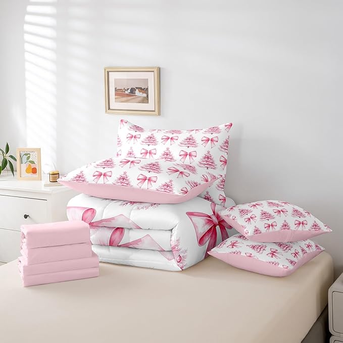 Manfei 7 Pieces Pink Bowknot Kids Comforter King,Christmas Trees Pine Bow Tie Toddler Bedding Set,Merry Christmas Happy New Year Xmas（Comforter+Fitted+Flat Sheet+2 Pillowcases+2 Throw Pillow Covers）