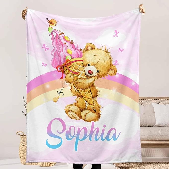 Ship Next Day, Personalized Baby Blanket for Girls Boys on Christmas Birthday, Cute Pink Bear Blankets- Printed in USA, Custom Toddlers Blanket with Name for Baby Shower Kids Teens Toddlers Newborn