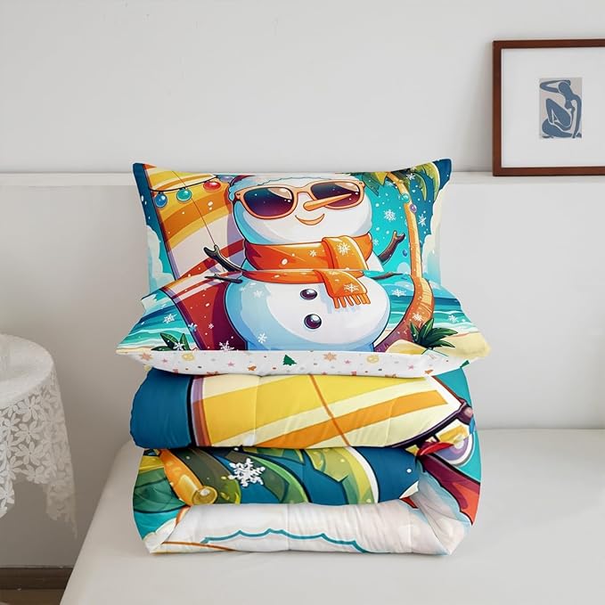 Manfei Cute Snowman Comforter Set King Size, Christmas Theme Bedding Set for Kids Boys Girls, Beach Surfboard Palm Tree Down Comforter for All Season, Lightweight Duvet Insert, 2 Pillowcases