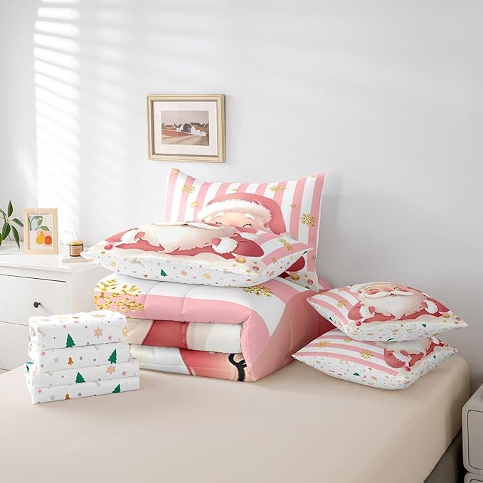 Feelyou Merry Christmas Decorations King Size Bed Set Santa Claus Bed in a Bag Pink Bedding Set Soft Warm Lightweight Comforter Set with Sheets