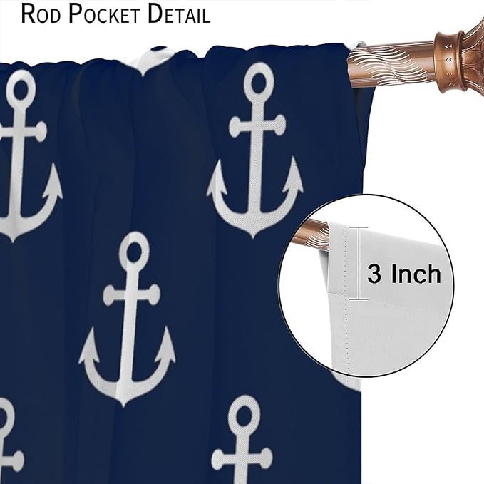 Nautical Costal Curtains,MarineThemed Oceanic Anchor Pattern Blackout Print Home Bedroom Living Room Window Treatments 2 Panel Set 72x63 Inch