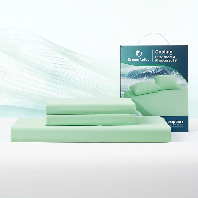 Dream Valley® King Size Sheets Set, Cooling Fitted Sheet with 2 Pillowcase-3 PCS with No Flat Sheet,Q-Max > 0.4 Aerocool, Cooling for Night Sweats, Hot Sleepers,deep Pocket up to 15",Mint Macaron