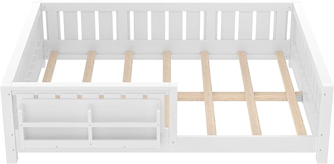 Bellemave Full Size Floor Bed with high Rails and with Built-in Bookshelf for Kids, Girls, Boys, Wood Montessori Floor Bed Without Door, White