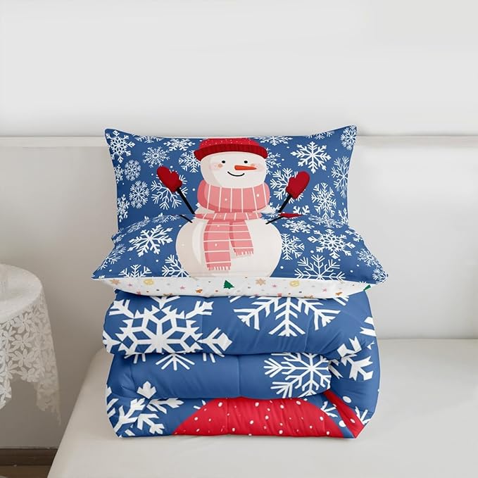 Feelyou Christmas Comforter Set Twin Size Snowman Blue Bedding Set for Kids Boys Girls Xmas Snowflakes Duvet Quilt Winter Snow Bedroom Decor Microfiber 2 Pcs with 1 Pillow Cases