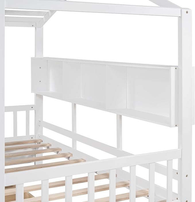 Twin Size House Bed with Storage Drawers,Kids House Bed Frame with Shelves,Cute Wood House Bed Twin with Roof for Kids,Girls,Boys,White