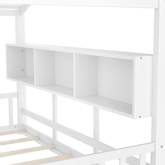 Linique Twin Size Floor Bed Playhouse Design with Storage Shelf, Low Profile Wooden Pitched Roof House Platform Bed Frame,No Box Spring Needed(White)