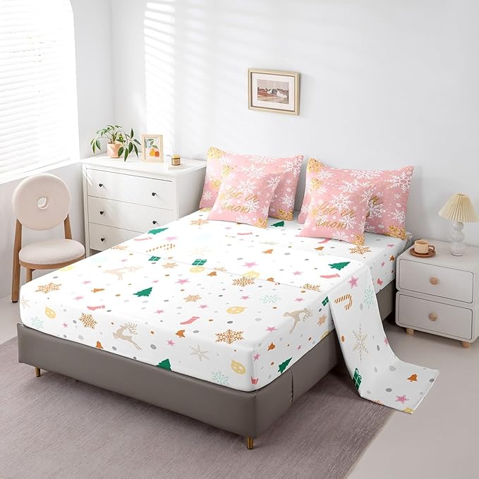 Feelyou Christmas Bed Set Snowflakes Bed in a Bag for Kids Girls Boys Pink Bedding Set Queen Size Glitter Star Comforter Set with Sheets Lightweight Room Decor