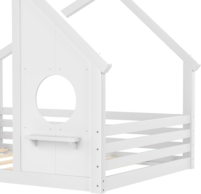 SOFTSEA Full Size House Bed Frame with Roof, Kids Floor House Bed with Window and Storage Shelf for Boys Girls, Wood Montessori Bed with Roof and Guardrails, White