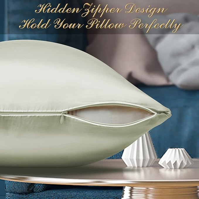 100% Mulberry Silk Pillowcase 2 Pack for Hair and Skin,with Hidden Zipper,Both Sides 22 Momme Natural Silk Pillow Cover,Soft Breathable & Smooth (Matcha, Queen)