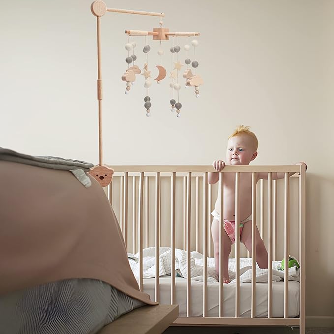 Boho Baby Crib Mobile Decor - Wooden Moon and Stars Nursery Mobiles with Cloud for Bassinet Starry Night Handmade Soft Felt Beads Hanging Wind Chime Toys Pendant for Infant Newborn Boy and Girl