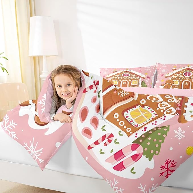 Feelyou Christmas Gingerbread Bedding Set Soft for Boys Girls,Gingerbread House Comforter Set King Size Winter Holiday Decor Duvet Quilt Cute Snowflake Room Decor Pink Decor 3 Pcs with 2 Pillow Cases