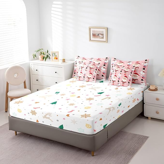 Feelyou Christmas Bed in a Bag Merry Christmas Snowman Comforter Set with Sheets for Kids Boys Girls Decor Santa Claus Bed Set Kawaii Pink Bedding Set Bedroom Collection Queen Size