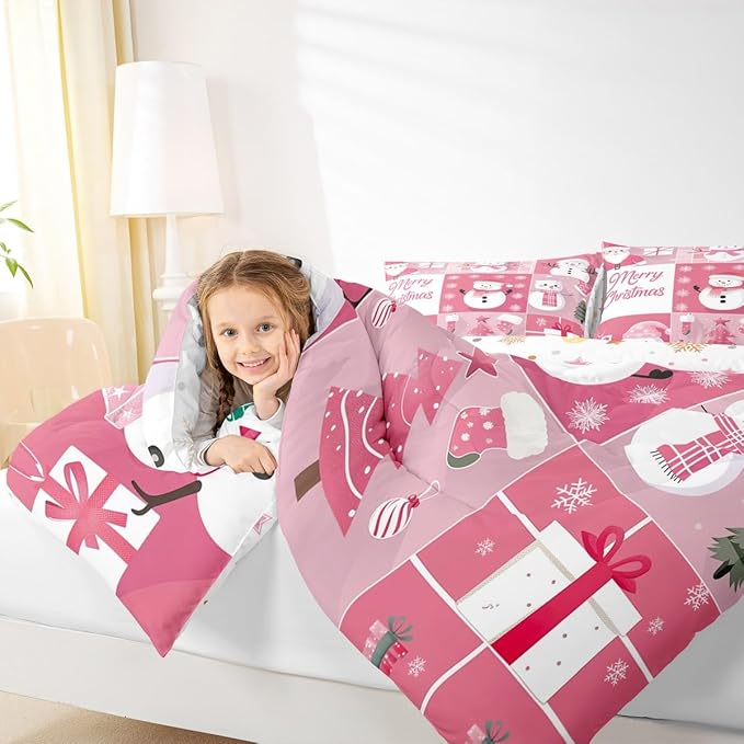Xmas Bedding Set Full Size,Snowman Christmas Tree Snowflake Comforter Set for Kids Boys Girls Room Decor,Pink Plaid Patchwork Duvet Insert 3Pcs,Merry Christmas Cartoon Quilt Set,2 Pillowcases