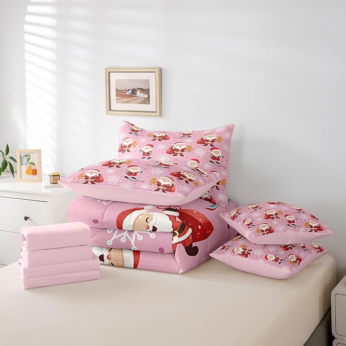 Erosebridal 7Pcs Cute Santa Claus Comforter Set Queen Size,Xmas Gingerbread Bedding Set for Kids Boys Girls,Christmas Snowboard Snowflake Bed in A Bag,Pink Christmas Quilt with Flat Fitted Sheet