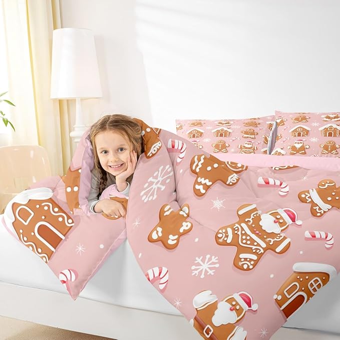Feelyou Christmas Comforter Set All Season Gingerbread Man Bedding Set with 2 Pillow Cases Santa Microfiber Kids Queen Bedclothes Snowflake Bedroom Decor Duvet Quilt Breathable Soft Lightweight