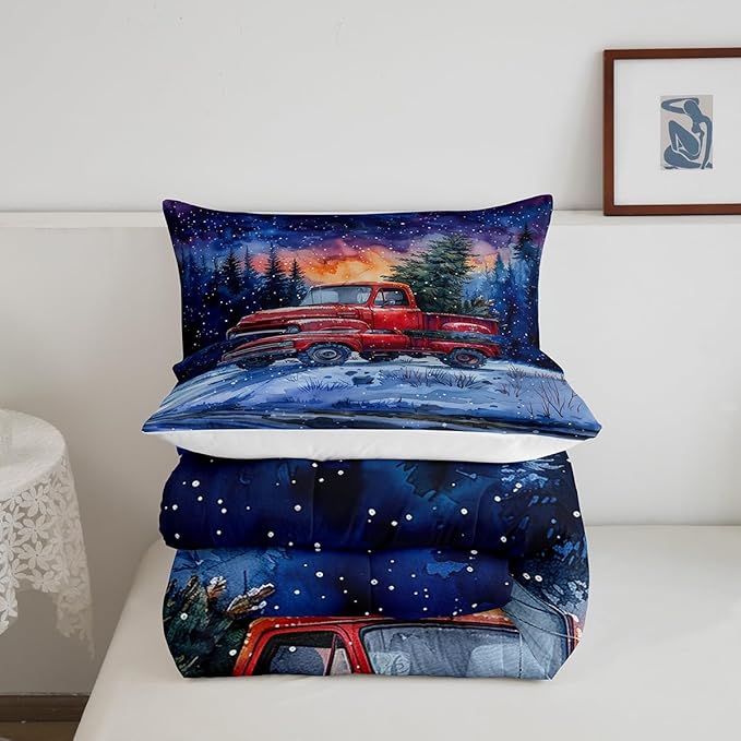 Red Truck Kids Comforter Set Twin Size,Christmas Tree Snowflake Bedding Set for Teens Boys Girls Room Decor,Woodland Nature Scenery Quilt Set 2Pcs,Merry Christmas Theme Duvet Insert,1 Pillowcase