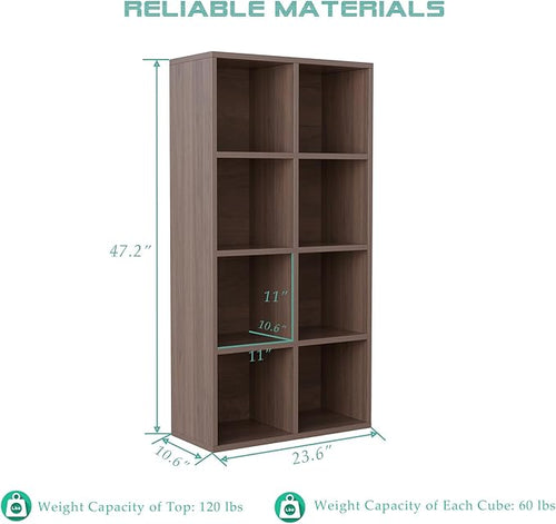8-Cube Storage Shelf Bookcase - Wooden 4-Tier Floor Standing Open Bookshelf for Home and Office, Cuby Orgainzer, Walnut