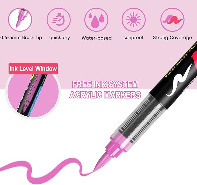 Paint Pens Acrylic Markers - 9 Pink Series Brush Tip Water Based Marker Pens for Rock Painting, Wood, Ceramic, Glass, Acrylic Paint Markers for Egg Pumpkin