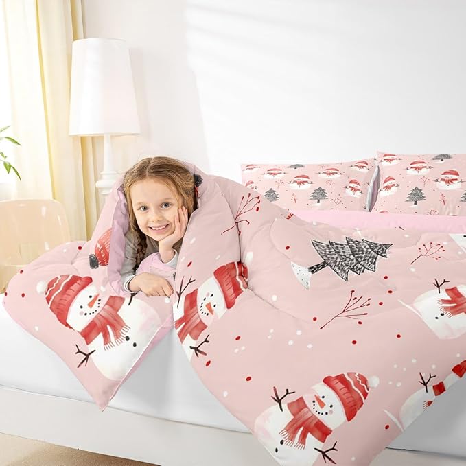 Feelyou Cute Snowman Bedding Set Soft for Boys Girls, Christmas Trees Comforter Set Toddler Size Xmas Snowflake Duvet Quilt Microfiber Christmas Decor Bedroom Decor Holiday 2 Pcs with 1 Pillow Cases