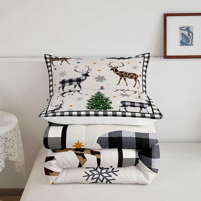 Kids Deer Silhouette Comforter Set Queen Size,Snowflake Pine Trees Bedding,Girls Boys Adults Bedroom/Xmas Cabin Decor,Geometric Grids Plaid Down Comforter,Rustic Farmhouse Duvet Insert,2 Pillowcases