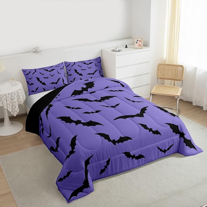 Erosebridal Purple Halloween Bedding Set Spooky Bats Comforter Set King Size,Horror Halloween Decorations Quilt for Kids Boys Girls Adults Gothic Flying Bat Silhouette Duvet Insert,Goth Bedroom Decor