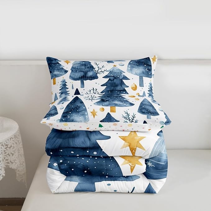 Feelyou Christmas Comforter Set All Season Xmas Tree Bedding Set with 2 Pillow Cases Watercolor Blue Microfiber Kids Full Bedclothes Snowflake Bedroom Decor Duvet Quilt Breathable Soft Lightweight