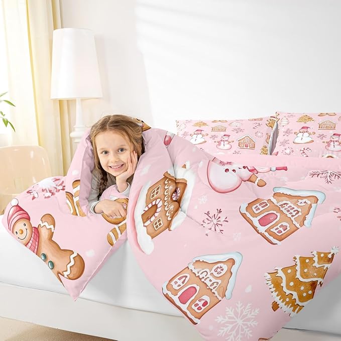 Feelyou Pink Christmas Kids Comforter Set King Size Snowman Bedding Set Gingerbread Man Duvet Quilt for Kids Boys Girls Bedroom Snowflake Candy Cane Decor Microfiber Ultra Soft Breathable